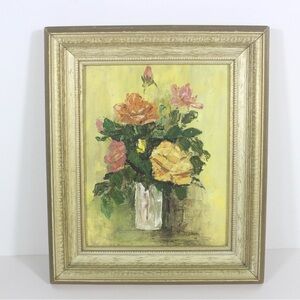 Vintage Original Still Life Oil Painting, Abstract Floral, Yellow, Pink Orange
